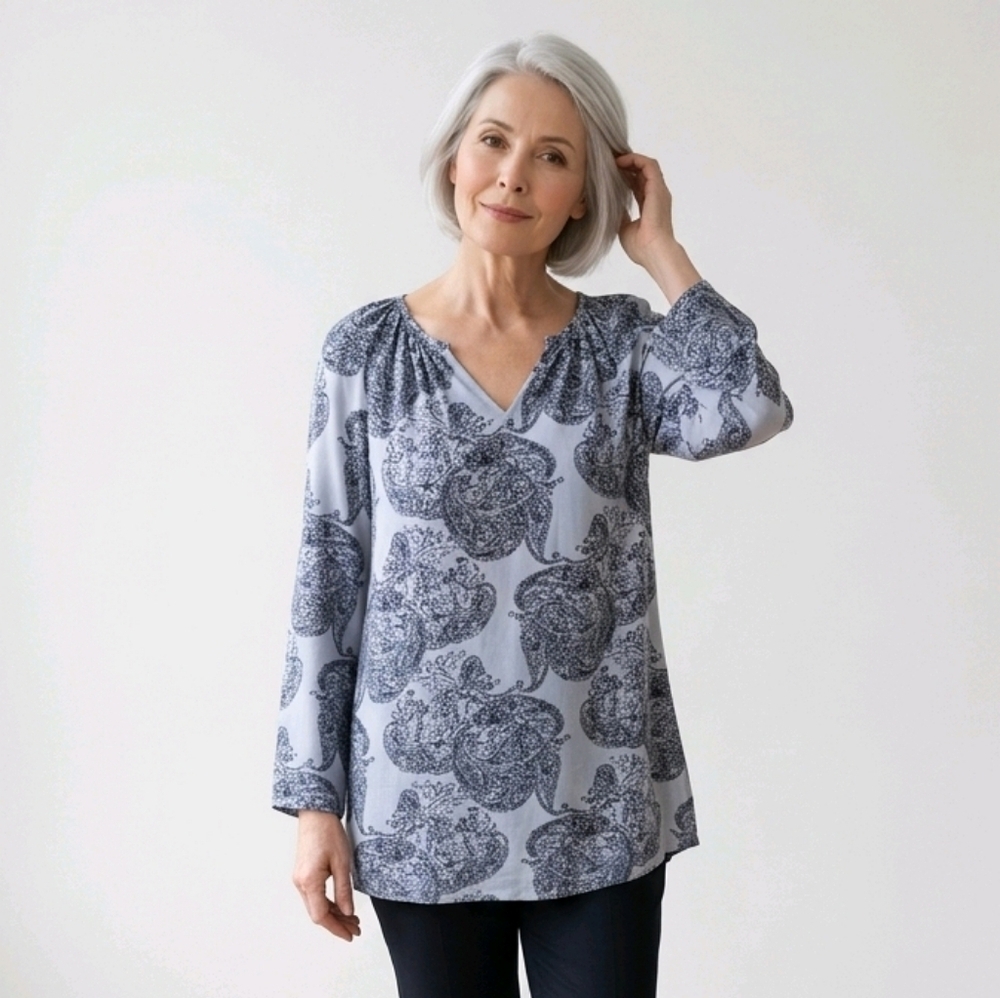 NWT Pure Jill Grey Black Long Sleeve Blouse Top Paisley Peasant- Sz M